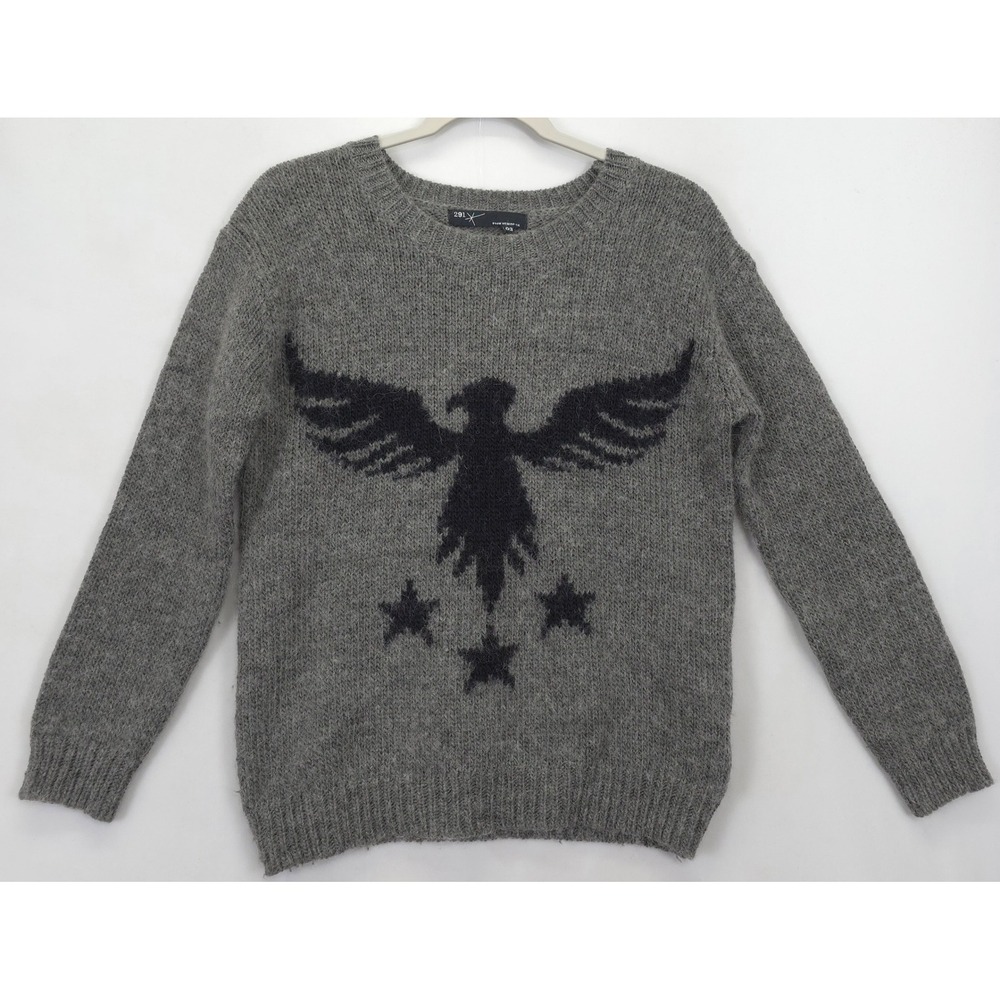 291 From Venice CA Gray Wool Blend Sweater Women L Eagle Intarsia Knit Pullover